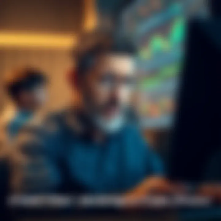 A worried father looking at his computer screen with cryptocurrency charts, concerned about his financial decisions, while a young person watches in the background with a worried expression.
