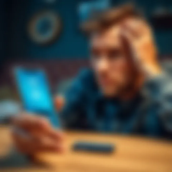 A father looking worried while holding his smartphone showing a crypto wallet app, symbolizing a recent scam loss, with a Ledger Nano device on the table.