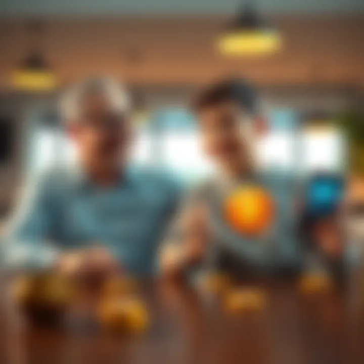 A father and his son sitting at a table, smiling and talking about Bitcoin. The father looks puzzled while the son gestures excitedly, showing a phone with cryptocurrency graphics.