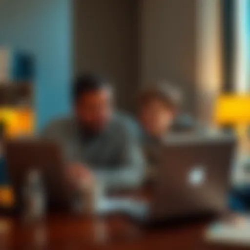 A father and son sit together at a table, looking at a laptop screen displaying Bitcoin prices and charts. The son appears excited while the father offers advice.