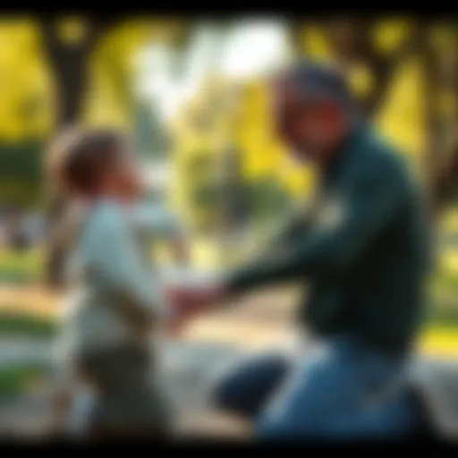 A father kneeling beside his son, talking and sharing life lessons in a park