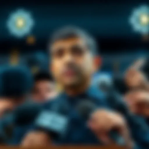 FBI Director Kash Patel speaking at a press conference with a serious expression, surrounded by media reporters.
