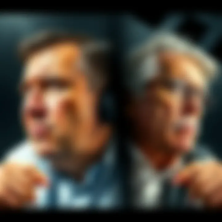 A split image showing a worried investor on one side and a confident investor on the other, representing the emotions of fear and greed in financial decisions.