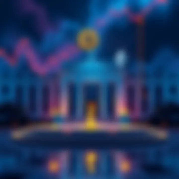 An abstract illustration representing financial decisions and market reactions with symbols of Bitcoin and Ethereum