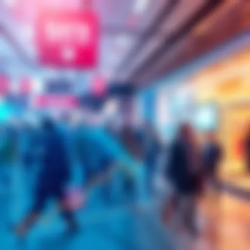 A graph showing a downward trend in interest rates with a background of people shopping and investing, symbolizing economic activity.