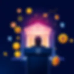 Illustration of a person at a podium with the Federal Reserve emblem, surrounded by cryptocurrency symbols like Bitcoin and Ethereum