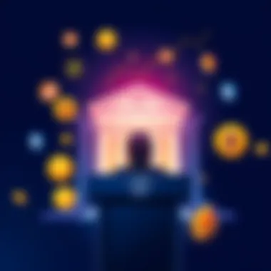 Illustration of a person at a podium with the Federal Reserve emblem, surrounded by cryptocurrency symbols like Bitcoin and Ethereum