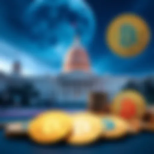 A symbolic image showing federal buildings with Bitcoin coins in the foreground, representing the question of government investment in cryptocurrency.