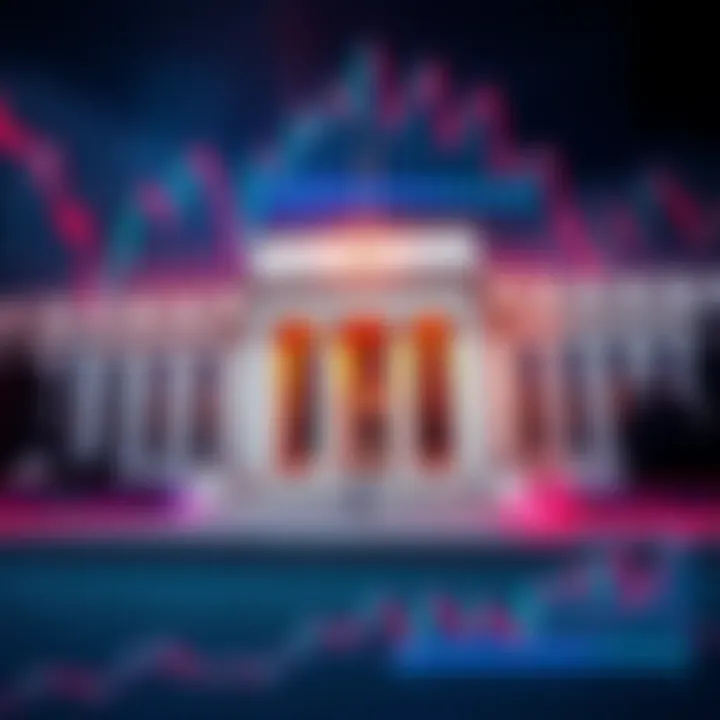 An image showing the Federal Reserve building with financial charts and graphs overlaying the scene, depicting rising interest rates and stock market trends.