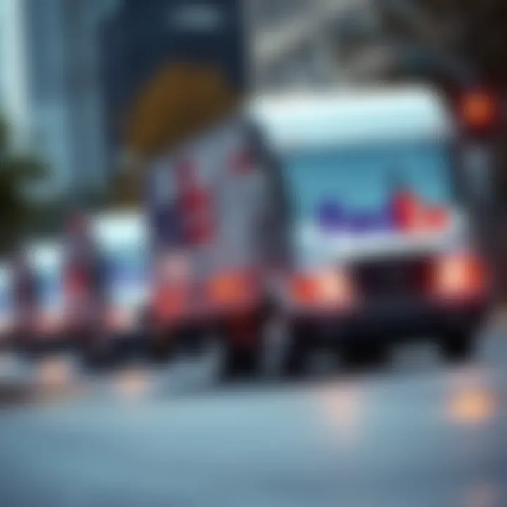 Several FedEx delivery trucks driving on a busy local street