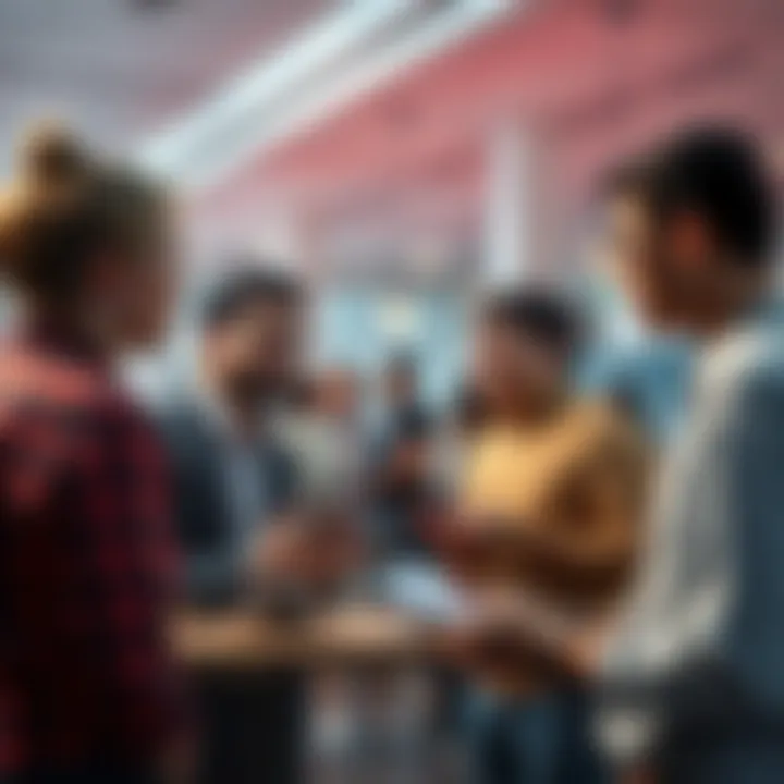 A group of people sharing ideas and experiences about different platforms during a conversation