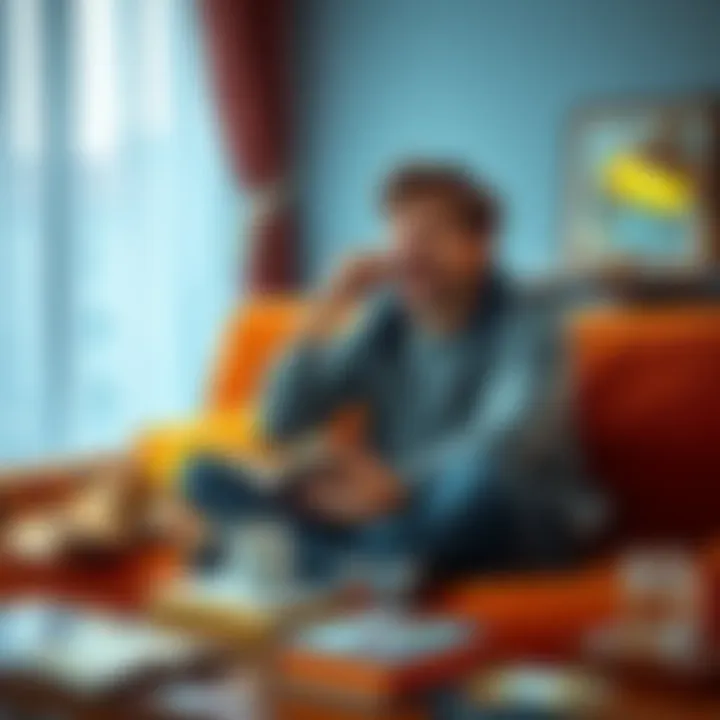 A person sitting on a couch with a comical expression, surrounded by funny books and a cup of coffee, illustrating humor in tough times.