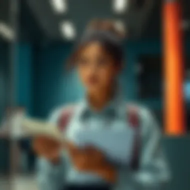 A feminine-presenting individual with male identification looks concerned while holding account opening documents at a bank
