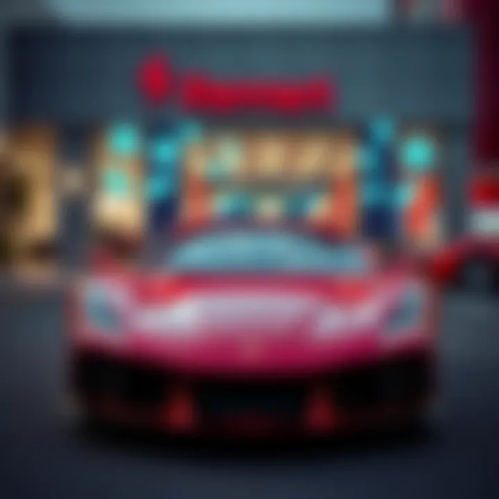 A sleek Ferrari parked in front of a dealership with a digital display of cryptocurrency symbols.