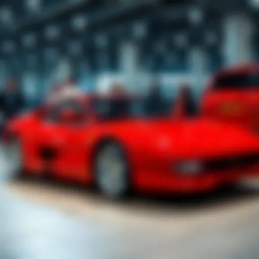 A striking red Ferrari 348 parked at a car show, showcasing its sleek design and classic appeal, attracting attention from car enthusiasts.