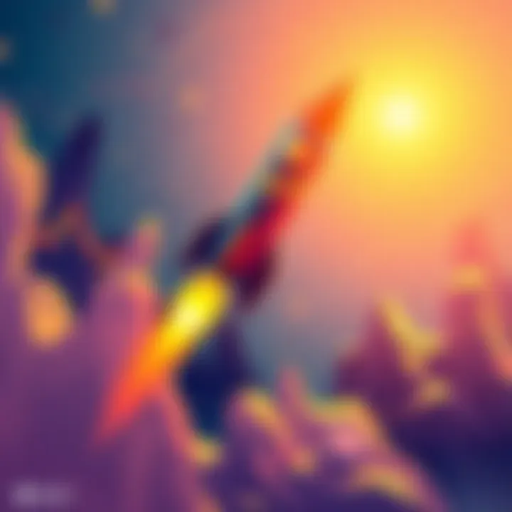 A digital illustration showing a rocket symbolizing Fetch cryptocurrency soaring towards the sky, with Bitcoin charts in the background indicating growth trends.