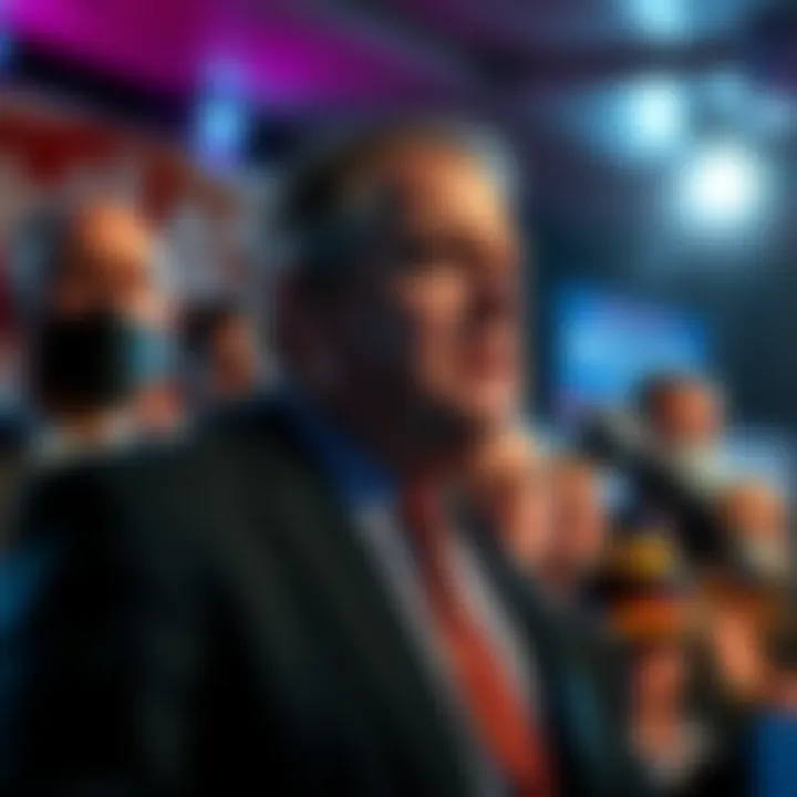 John Fetterman speaking at a political rally with concerned party officials in the background