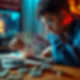 A person examining various fiat currency notes spread out on a table, looking concerned about financial decisions, with coins nearby.