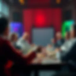 A group of people discussing money with charts and dollar bills on the table, showing concerns about currency manipulation.