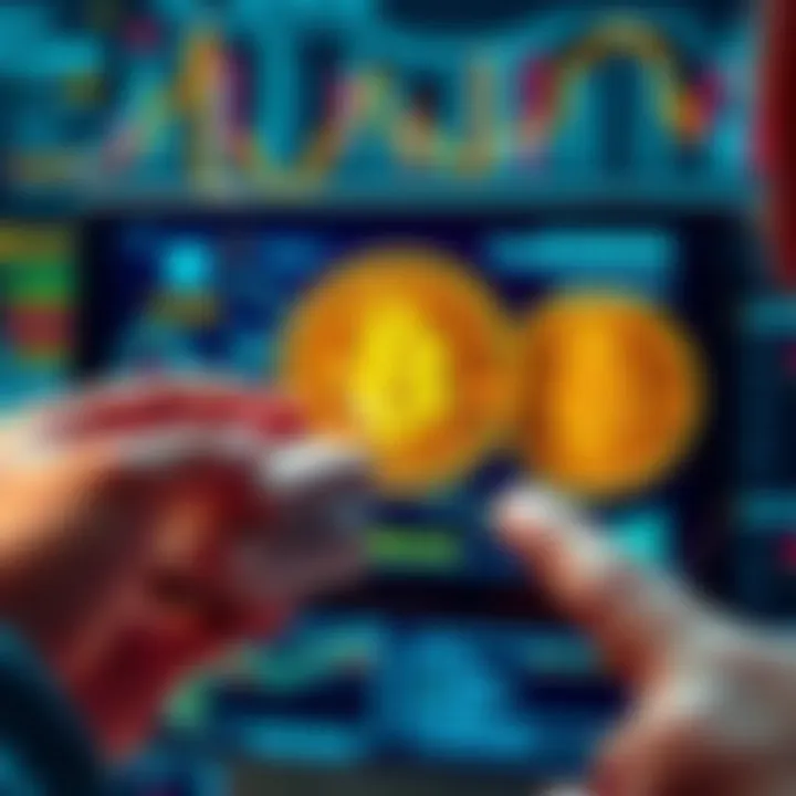 A person comparing a stack of cash with a Bitcoin symbol on a digital screen, illustrating the contrast between fiat currency and cryptocurrency.