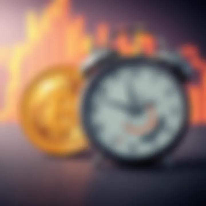 A visual representation showing a clock next to a dollar sign and a Bitcoin symbol, illustrating the timing differences in payment schedules for FIAT and Bitcoin payouts.