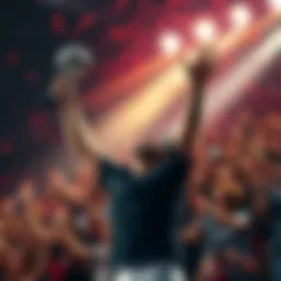 Fierce holds the trophy high in celebration after winning the contest, surrounded by cheering fans.