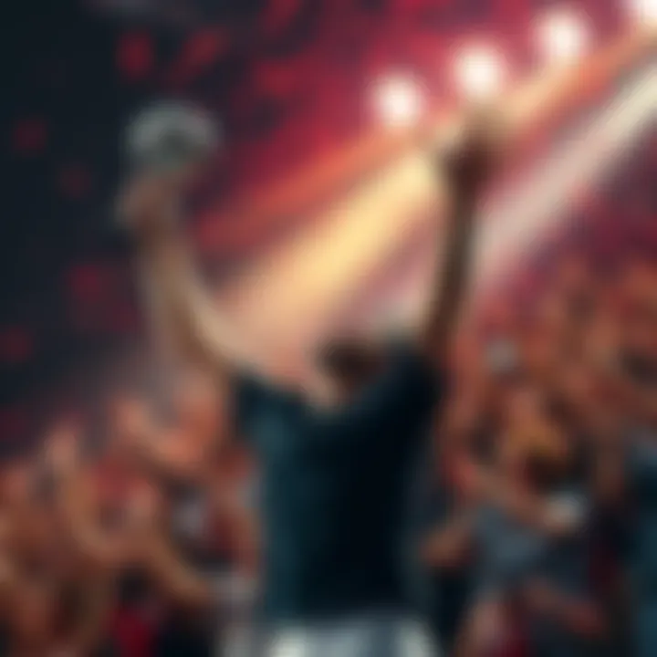 Fierce holds the trophy high in celebration after winning the contest, surrounded by cheering fans.