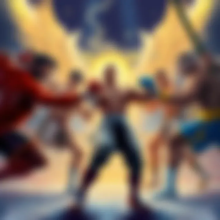 Fighters Clash in the Arena Dynamic illustration of diverse fighters showcasing unique abilities and styles in a vibrant arena setting