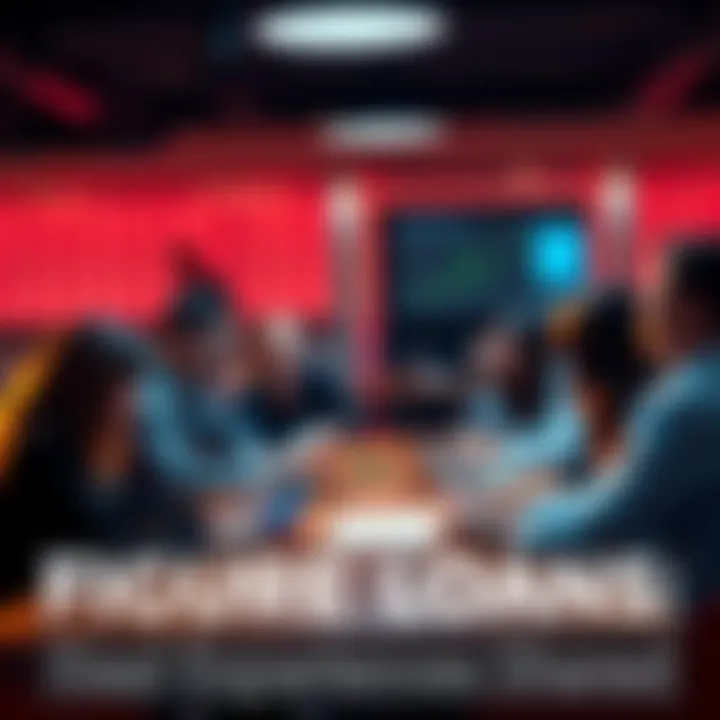 A group of people discussing their experiences with Figure's crypto loan service, sitting around a table with laptops and papers, showing engagement and interest.