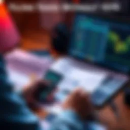 A person reviewing tax documents with a calculator and a laptop showing cryptocurrency platforms