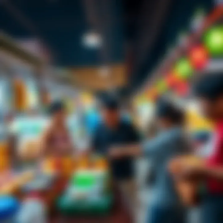 A vibrant Filipino market scene with people exchanging cryptocurrency, showcasing Nano coins in action