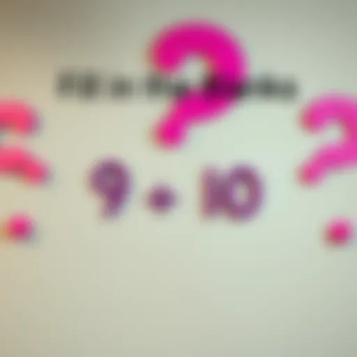 A playful graphic featuring the equation 9 + 10 with a blank space for the answer, surrounded by question marks and a cheerful background.