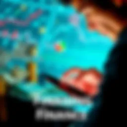 A person looking at a smartphone with investment charts, surrounded by symbols of money and finance.