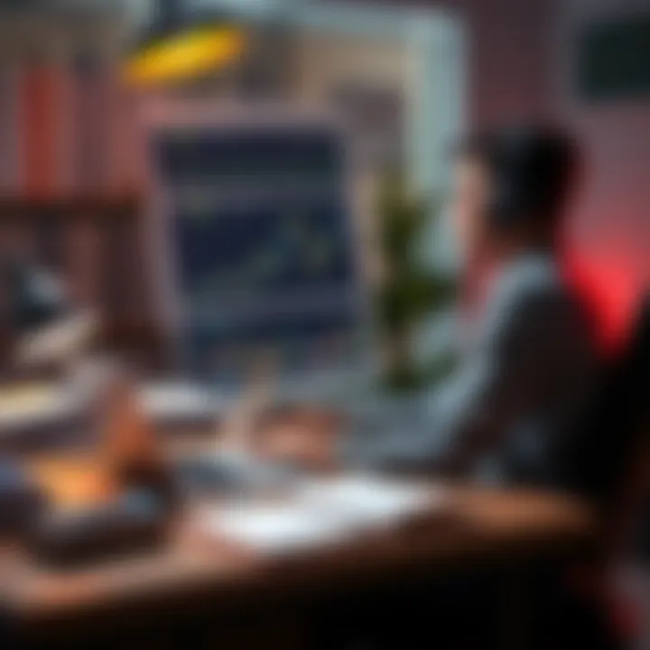 Finance Student Researching DeFi A finance student sitting at a desk with a laptop, looking at charts and data related to Decentralized Finance research, surrounded by books and a notebook.