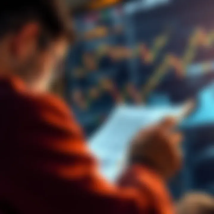 A person reading Matt Levine's newsletter on finance trends with graphs and charts in the background.