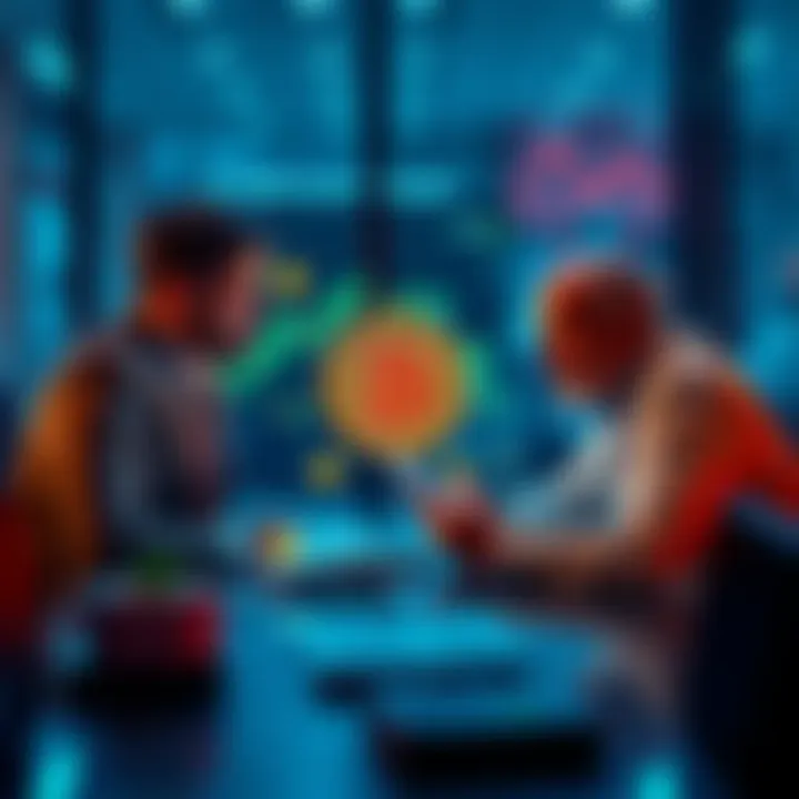 A financial advisor discussing Bitcoin investment strategies with a client at a desk, featuring charts and cryptocurrency symbols