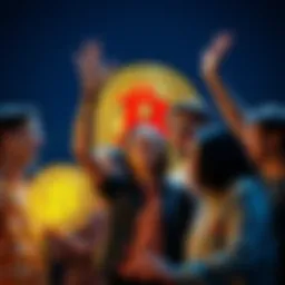 A diverse group of people joyfully discussing their financial independence achieved by investing in Bitcoin, with a Bitcoin logo in the background.