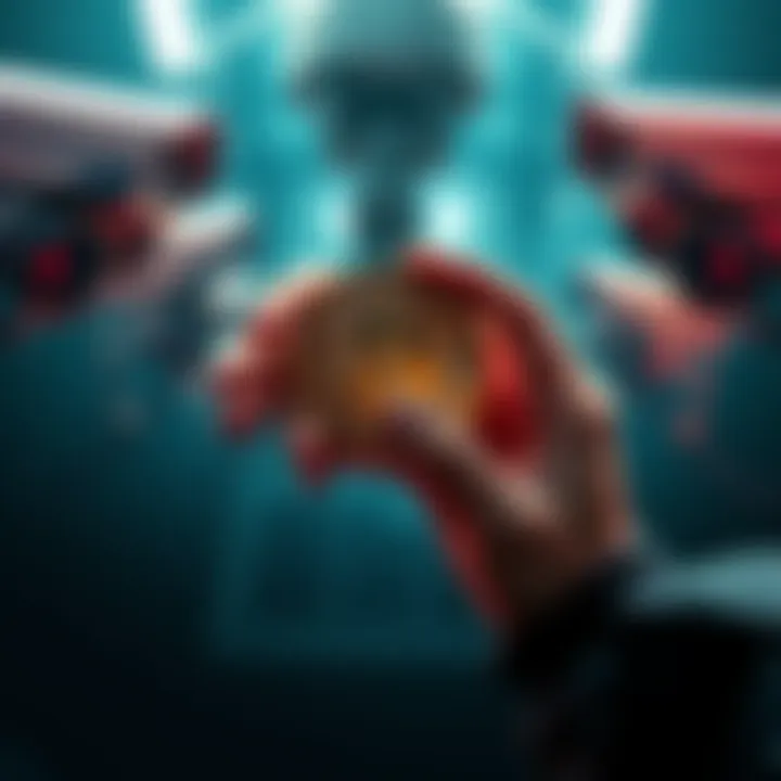 A person holding a Bitcoin while being watched by surveillance cameras, symbolizing the conflict between cryptocurrency and government oversight.