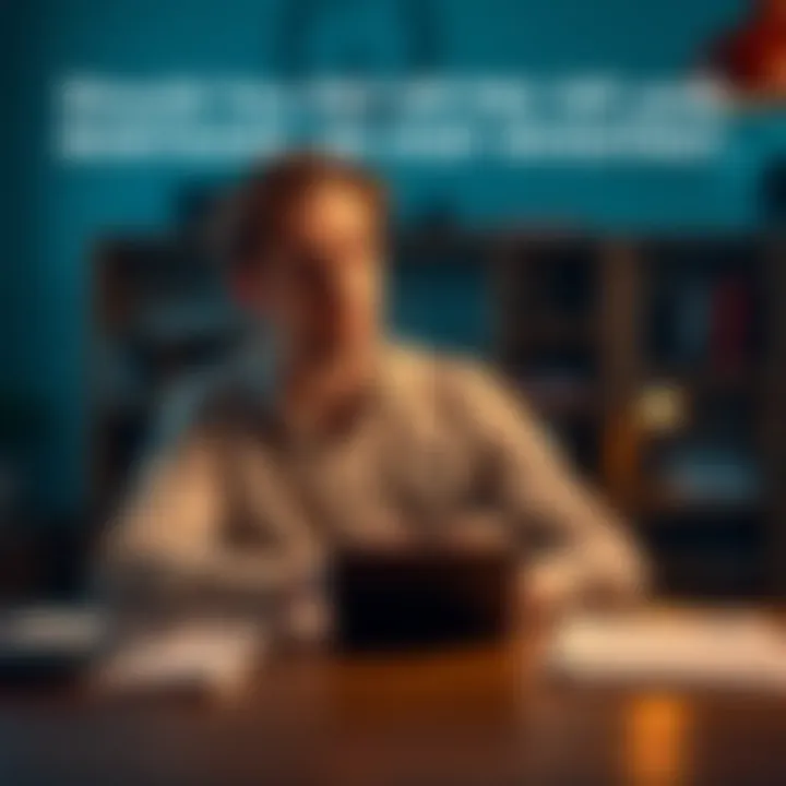 Individual sitting at a table with a calculator and papers, contemplating whether to pay off mortgage or invest, looking thoughtful