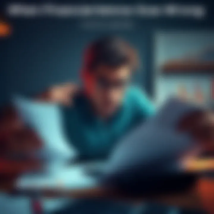 A person looking confused while reading financial documents with a calculator and charts beside them