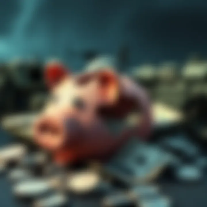 A broken piggy bank surrounded by military equipment, symbolizing the financial costs of war and its impact on economies.