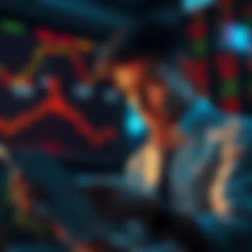 A worried person reviewing financial statements and stock prices, contemplating selling or holding investments during a market downturn.