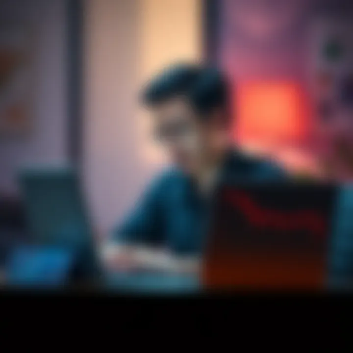 Financial Decline Concept A graph showing a downward trend in earnings with a worried person looking at their laptop