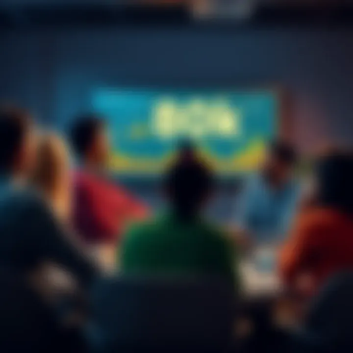 A group of people engaged in a lively discussion about finances, with charts and graphs on a screen in the background.
