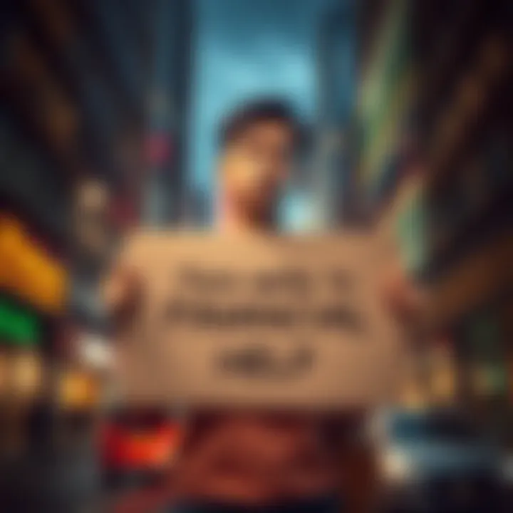 A person holding a sign that reads for financial assistance, with a look of determination and hope, amidst a bustling city background.