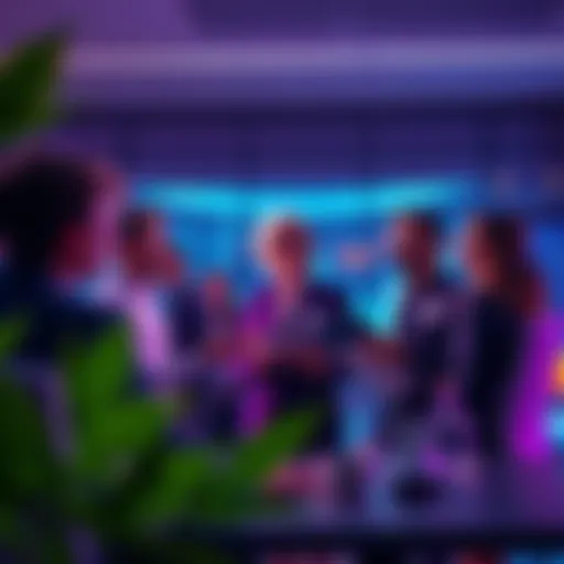 A group of financial professionals discussing the integration of Swift's blockchain technology in a modern office setting.