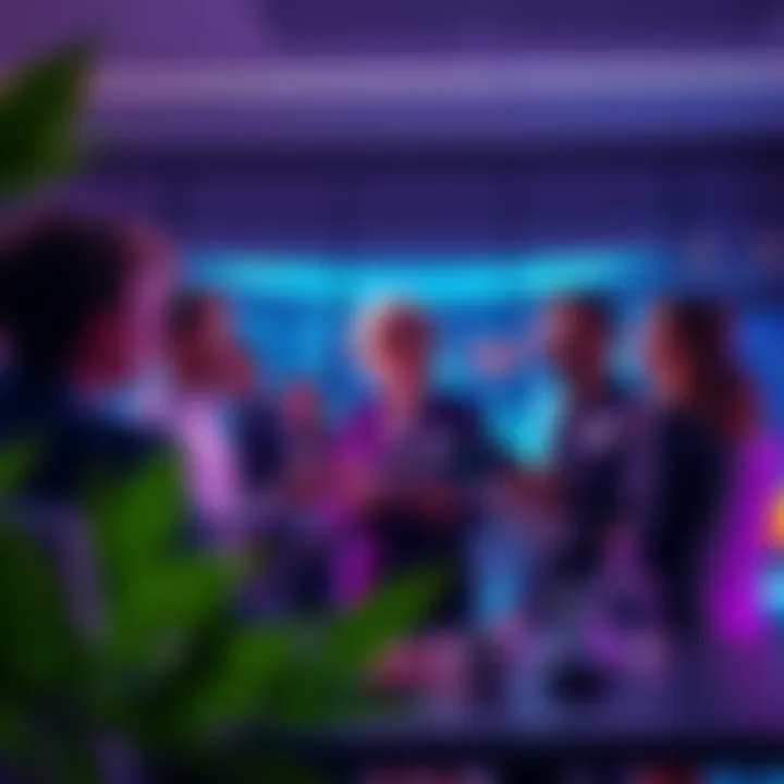 Financial Institutions Use Swift's Blockchain A group of financial professionals discussing the integration of Swift's blockchain technology in a modern office setting.