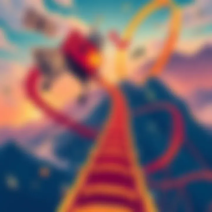 An artistic representation of the emotional highs and lows of investing, featuring a rollercoaster with currency symbols, graphs, and personal stories depicted along the track.