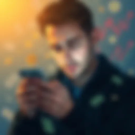 A person looking at their phone with a worried expression, reflecting on a small purchase and a large cryptocurrency loss, surrounded by symbols of money and graphs, showing the contrast between small and large financial impacts.