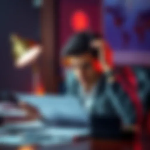 Individual sitting at a desk with bills and a calculator, looking worried about financial losses